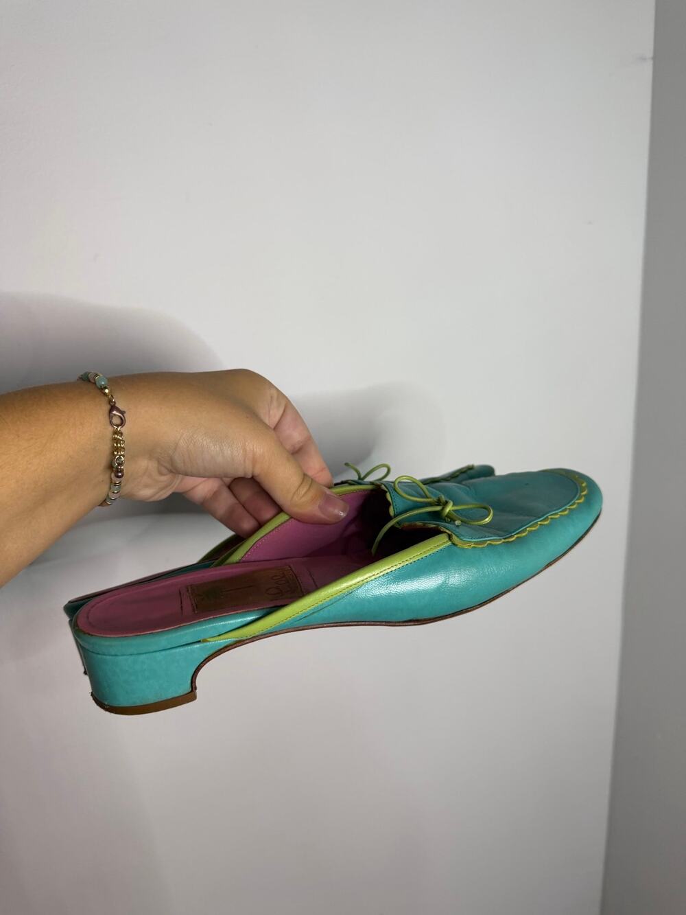 Vintage Lilly Pulitzer Blue and Green leather mules wear shown in photos